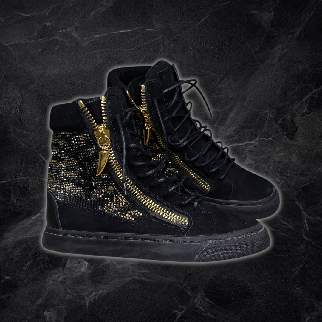 Giuseppe Zanotti “Strass” embellished suede high top sneakers (black)