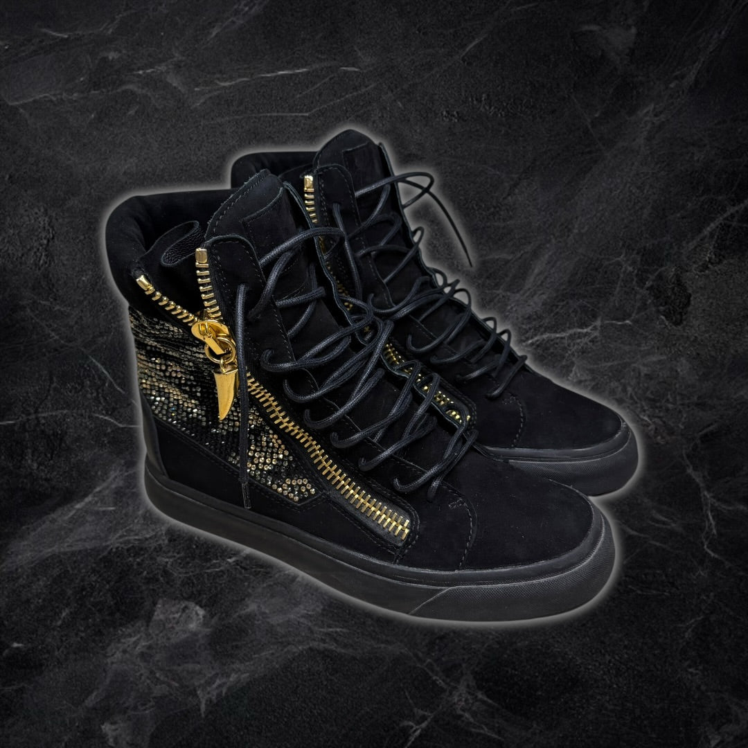 Giuseppe Zanotti “Strass” embellished suede high top sneakers (black)
