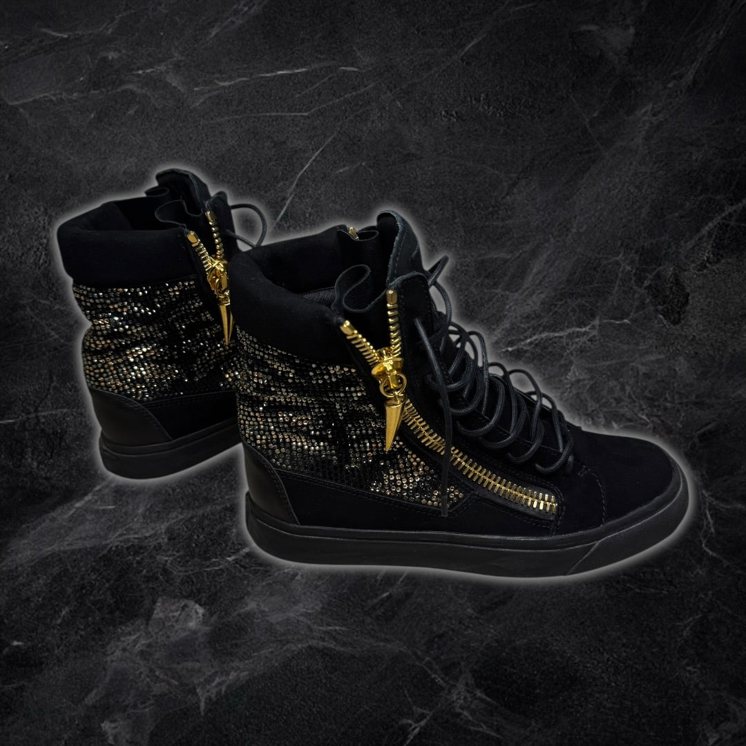 Giuseppe Zanotti “Strass” embellished suede high top sneakers (black)
